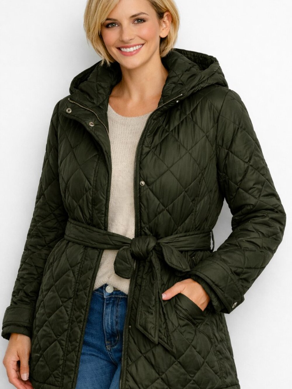 DKNY Olive Quilted Funnel Neck Hooded Belted Jacket Size M